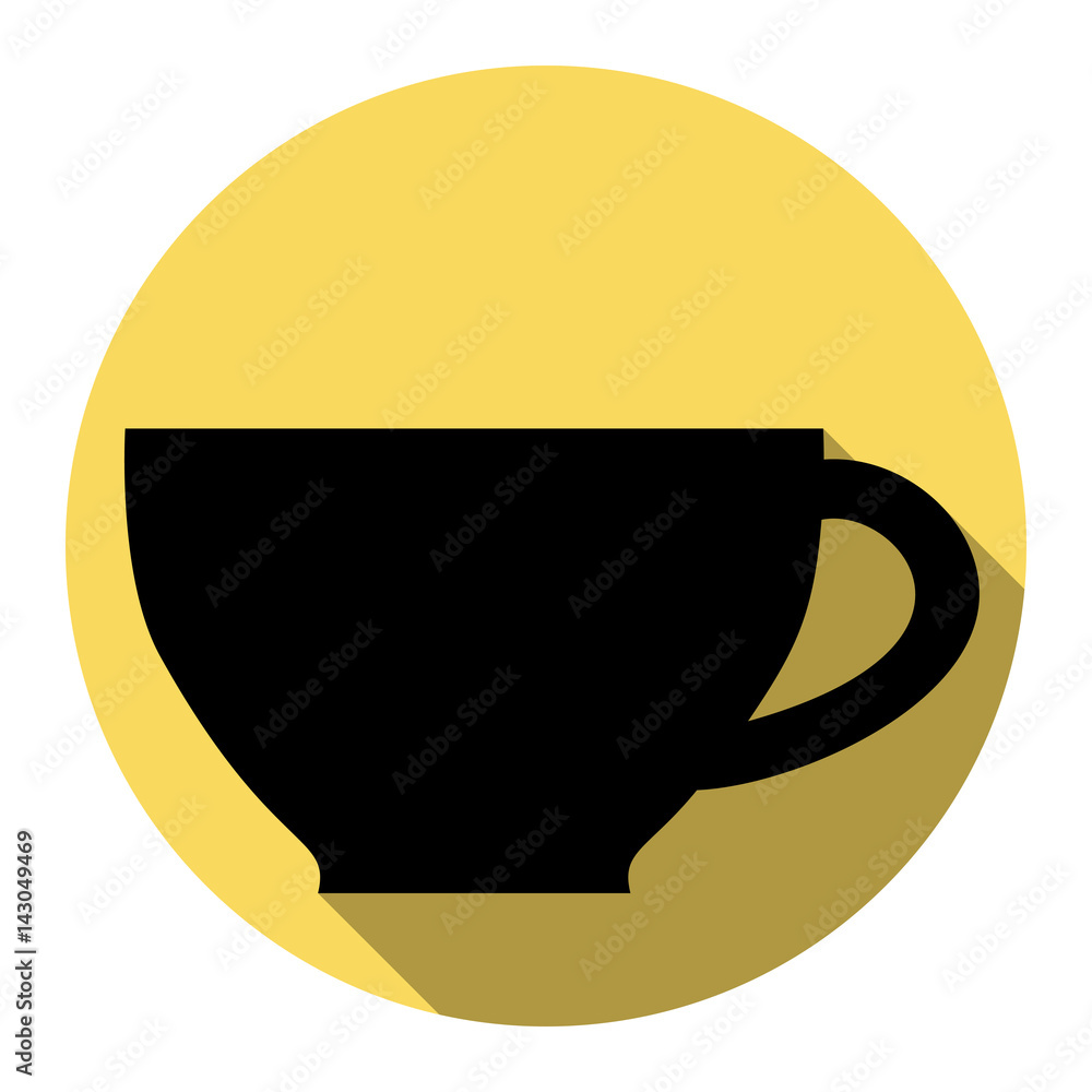 Cup sign. Vector. Flat black icon with flat shadow on royal yellow circle with white background. Isolated. Cup sign. Vector. Flat black icon with flat shadow on royal yellow circle with white background. Isolated.