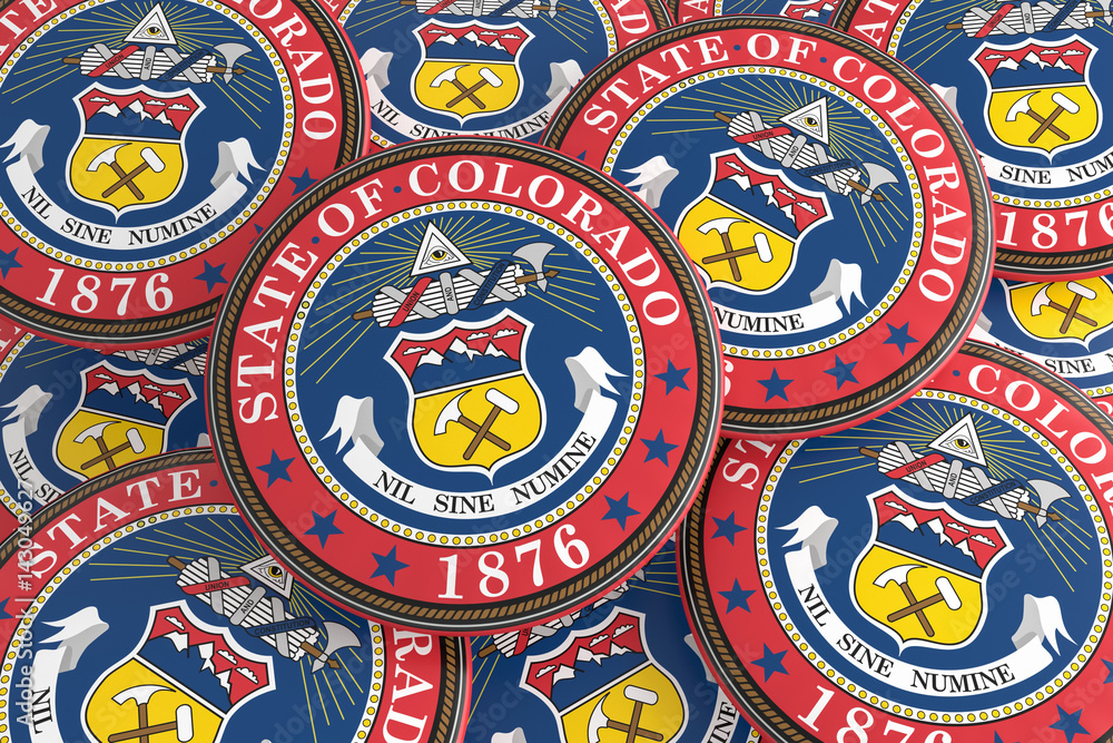 US State Buttons: Pile of Colorado Seal Badges, 3d illustration