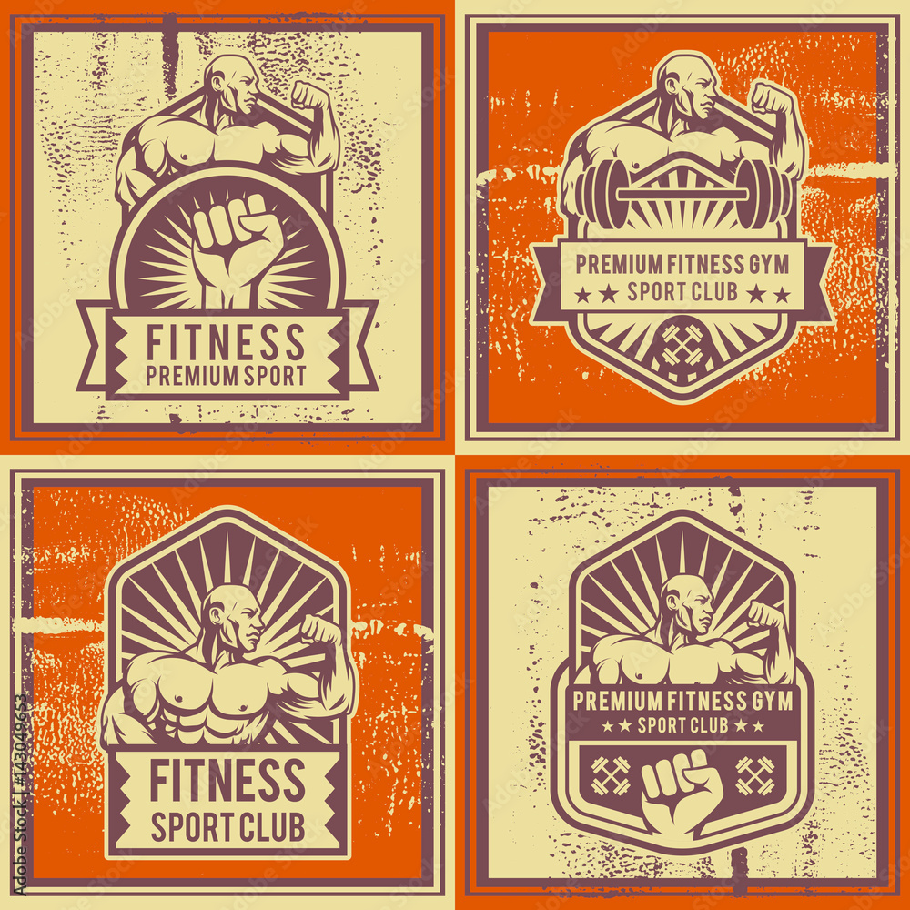 Vintage vector fitness and gym badge. Bodybuilder classic logo and propaganda poster composition. Badge logo, emblem, label. Vintage design. Vector illustration.