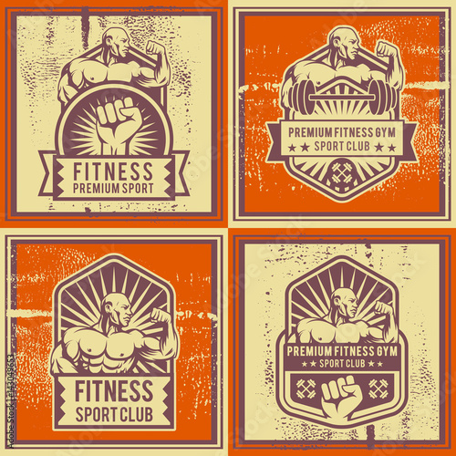 Vintage vector fitness and gym badge. Bodybuilder classic logo and propaganda poster composition. Badge logo, emblem, label. Vintage design. Vector illustration.