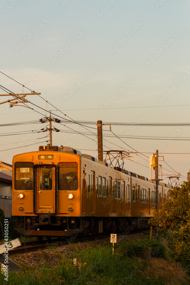 Fototapeta premium 夕方の黄色い電車