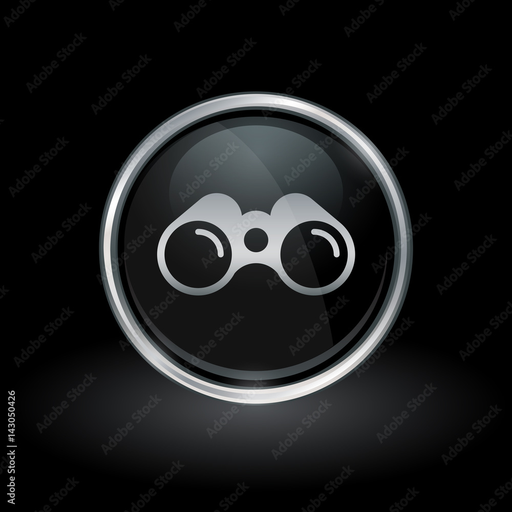 Spy tool symbol with binoculars icon inside round chrome silver and black button emblem on black background. Vector illustration. Spy tool symbol with binoculars icon inside round chrome silver and black button emblem on black background. Vector illustration.