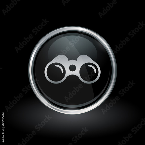 Spy tool symbol with binoculars icon inside round chrome silver and black button emblem on black background. Vector illustration.