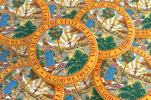 US State Buttons: Pile of Florida Seal Badges, 3d illustration