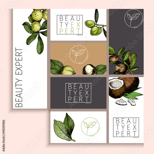 Vector set of cosmetic branding. Packaging design for beauty brand identity. Natural care products.