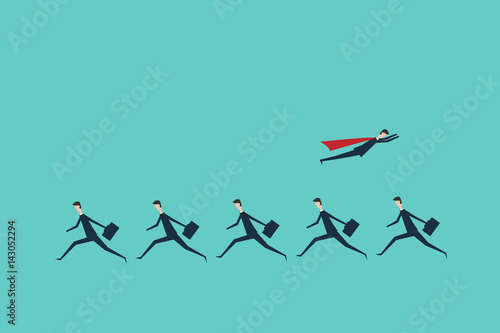 Minimalist style super businessman changing direction and white ones. New idea, change, trend, courage, creative solution, innovation and unique way concept.