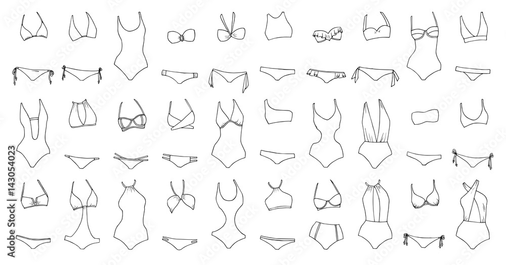 Hand drawn vector clothing set. 30 models of trendy swimwear.