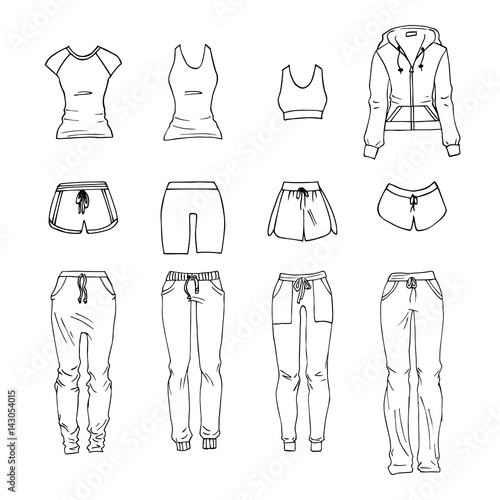 Hand drawn vector clothing set. Different models of sportswear.