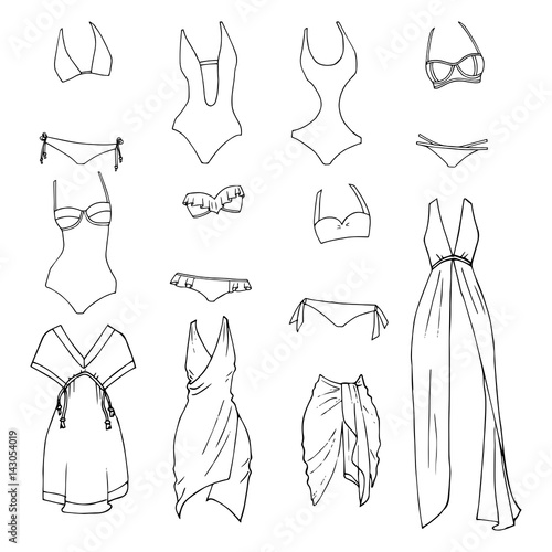 Hand drawn vector clothing set. Different models of beachwear.