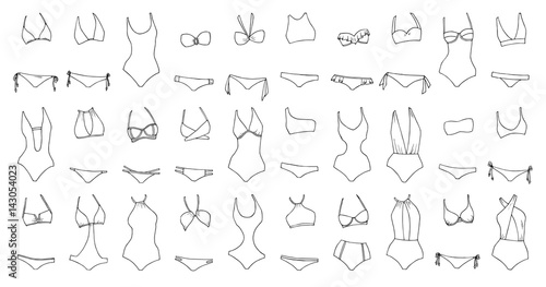 Fotografie, Obraz Hand drawn vector clothing set. 30 models of trendy swimwear.