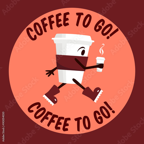 Cute coffee cup with coffee in hand. Coffee to go. Vector cartoon character. 