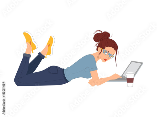 Illustration of a girl who works lying down with laptop and drinking coffee. Vector personage isolated on white.