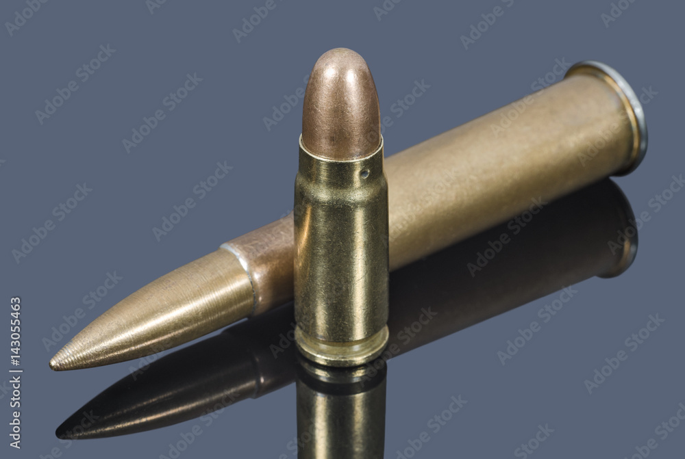 Rifle and pistol cartridges on gray background Rifle and pistol cartridges on gray background