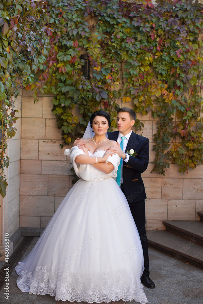 The groom tenderly embraced the bride by the shoulders The groom tenderly embraced the bride by the shoulders