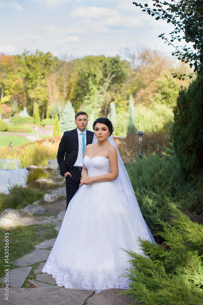 The groom tenderly embraced the bride in the summer park The groom tenderly embraced the bride in the summer park