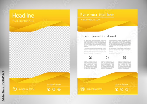 Poster, flyer, pamphlet, brochure cover design layout with geometric shape graphic elements and space for photo, yellow color portfolio, vector template in A4 size. Annual report for presentation