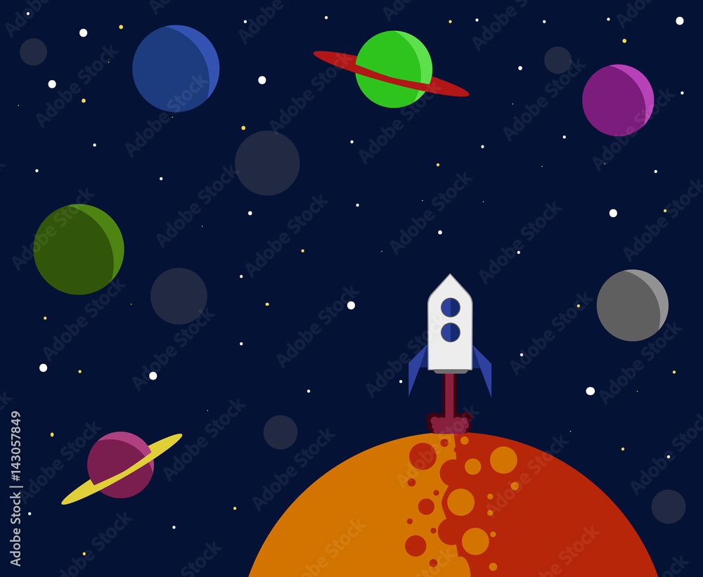 Vector illustration of cosmic sky with planets of the solar system and stars. Space rocket takes off from the planet Vector illustration of cosmic sky with planets of the solar system and stars. Space rocket takes off from the planet