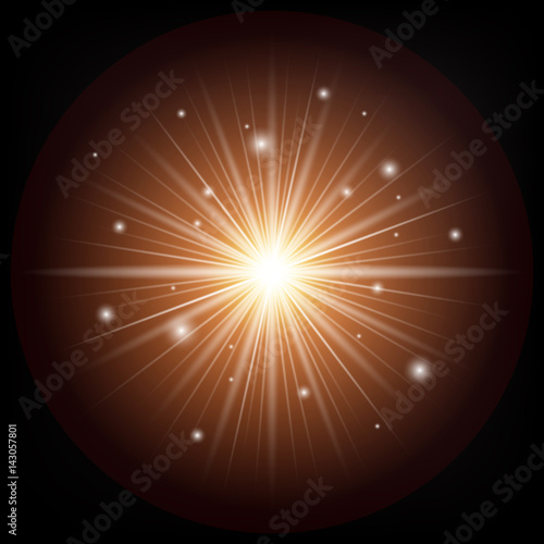 Sun with rays and glow on transparent black background. Starburst with magic sparkles on dark backdrop. Glow light effect. Vector illustration of abstract yellow, orange flare ray light. 
