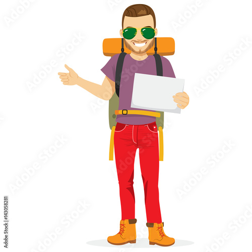 Attractive young caucasian man with bag and white blank banner hitchhiking