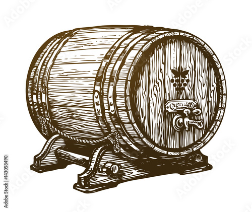 Hand drawn wooden wine cask. Drink, oak barrel sketch. Vintage vector illustration