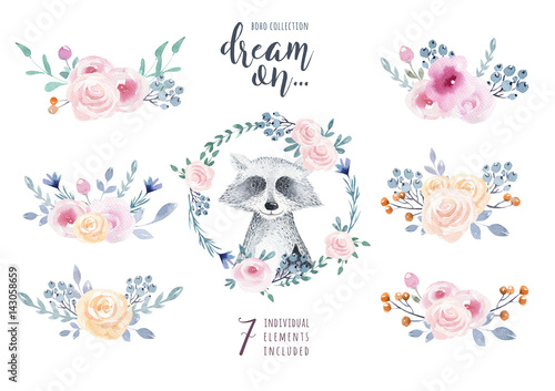 Set of watercolor boho floral bouquets with raccoon. Watercolour bohemian natural frame: leaves, feathers, flowers, Isolated on white background. Artistic decoration illustration.