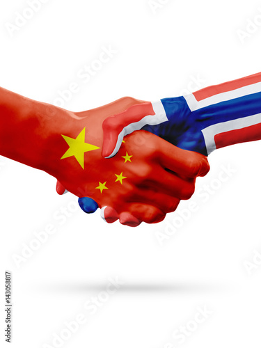 Flags China, Norway countries, partnership friendship handshake concept.