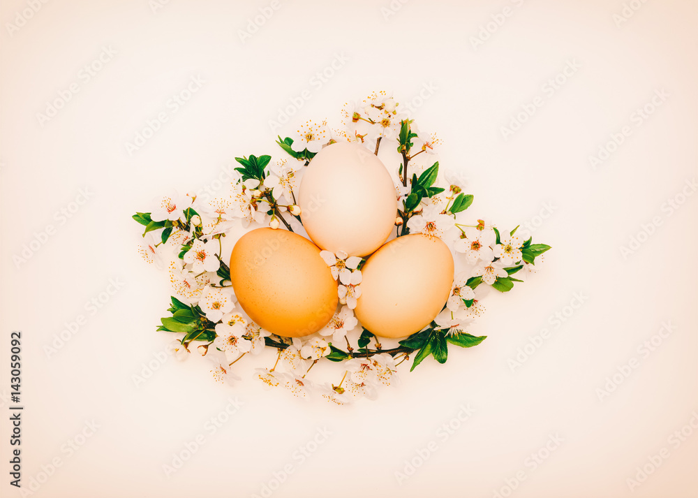 three chicken eggs in flowering branches on a pink background. close-up, top view. the concept of Easter, spring