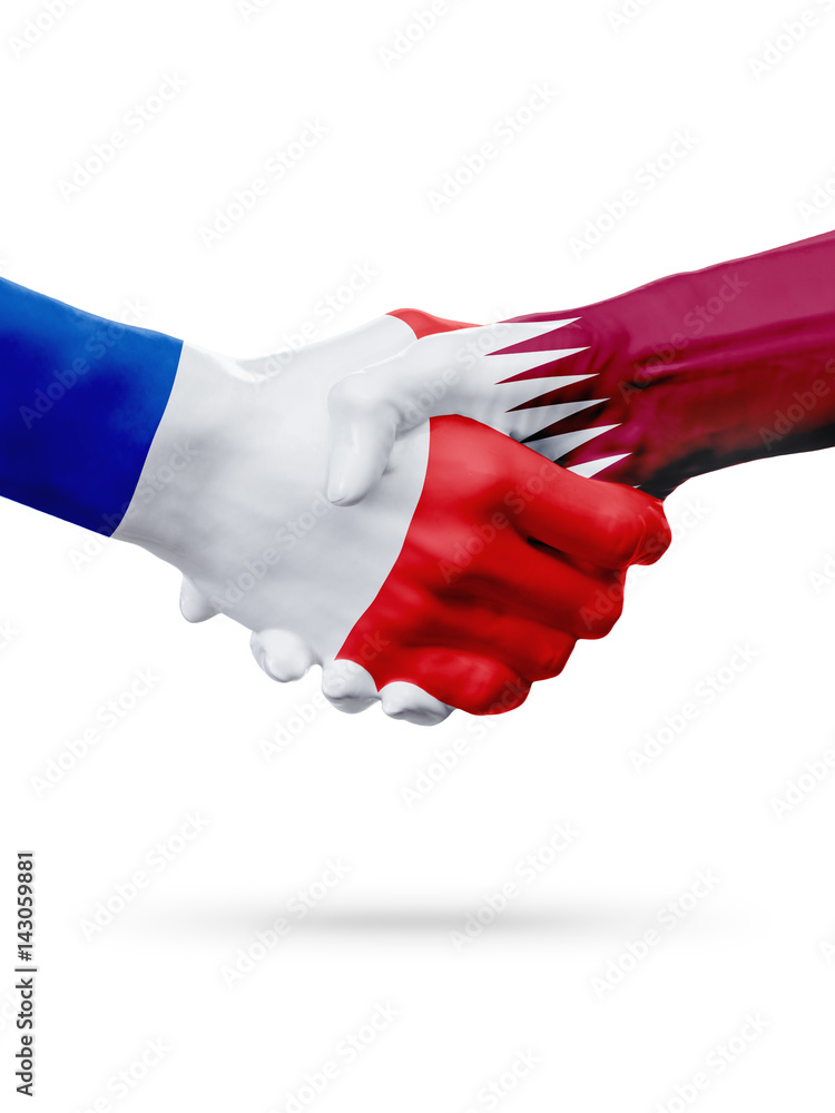 Flags France, Qatar countries, partnership friendship handshake concept. Flags France, Qatar countries, partnership friendship handshake concept.