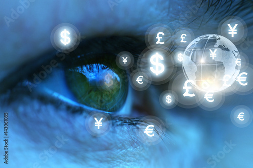 Eyes looking at currency symbols.