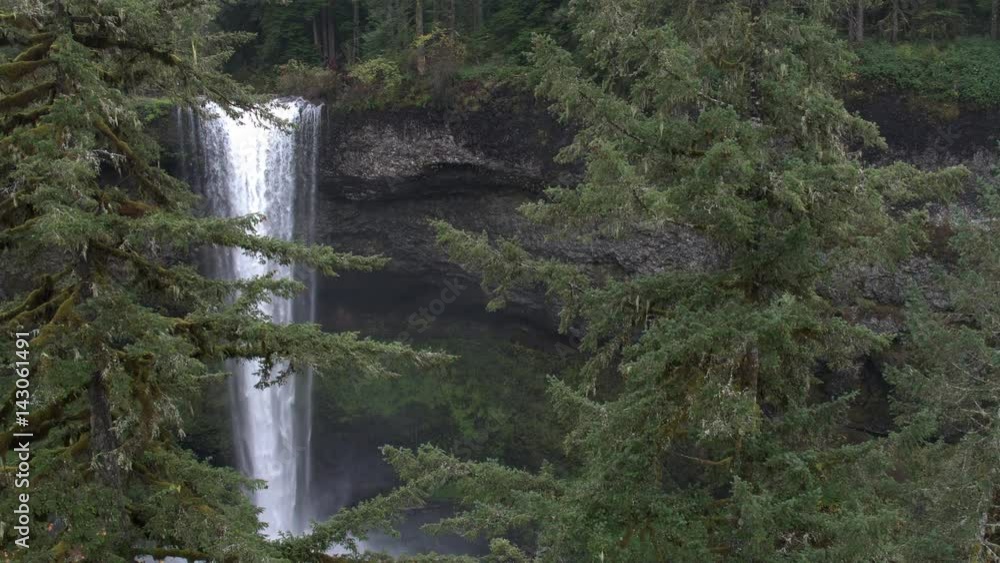 Aerial view of a waterfall through the pine trees Aerial view of a waterfall through the pine trees