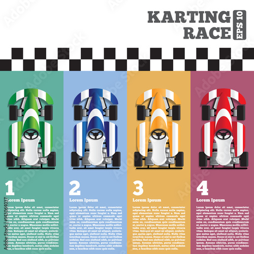 Karting at the finish line. View from above. The template for the presentation. Vector illustration.