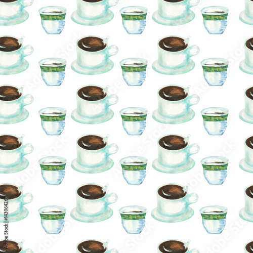 seamless pattern of watercolor coffee cups