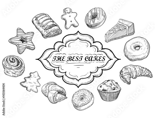 Hand drawn vector illustration - collection of goodies, sweets, cakes and pastries. Design elements in sketch style for confectionery and bakery shops.