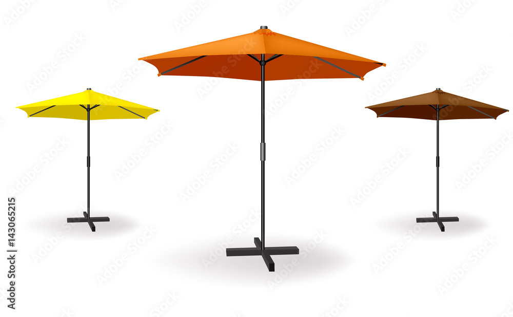 Set of three umbrellas are different colors orange, yellow, dark orange. Vector illustration for beach, advertising or cafe - obrazy, fototapety, plakaty 