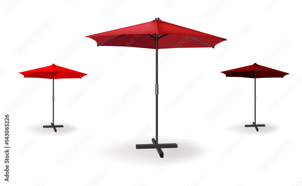 Set of three red umbrellas. Vector illustration for beach, advertising or cafe
Set of three red umbrellas. Vector illustration for beach, advertising or cafe