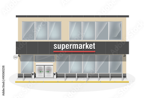 Supermarket consisting of two floors. Premium big shop showcase and entrance automatic door. Store with white vector panorama windows. 
