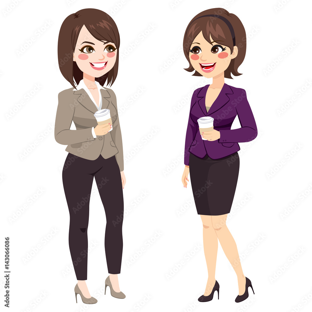 Beautiful office girls having coffee break talking and smiling Beautiful office girls having coffee break talking and smiling