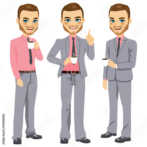 Happy young adult businessman enjoying coffee on break time