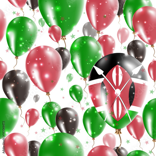 Kenya Independence Day Seamless Pattern. Flying Rubber Balloons in Colors of the Kenyan Flag. Happy Kenya Day Patriotic Card with Balloons, Stars and Sparkles.