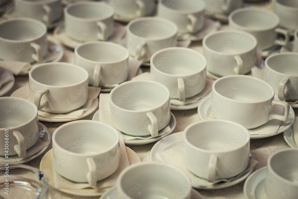 tea sets, collection white coffee cups, buffet, catering tea sets, collection white coffee cups, buffet, catering