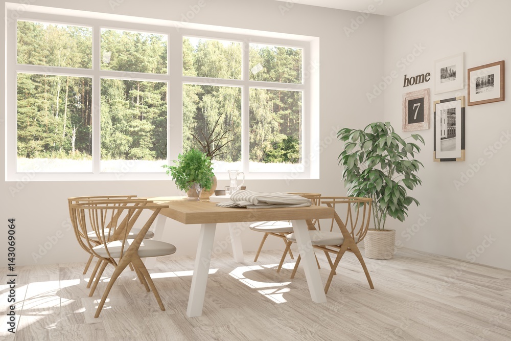 White dinner room with green landscape in window. Scandinavian interior design. 3D illustration