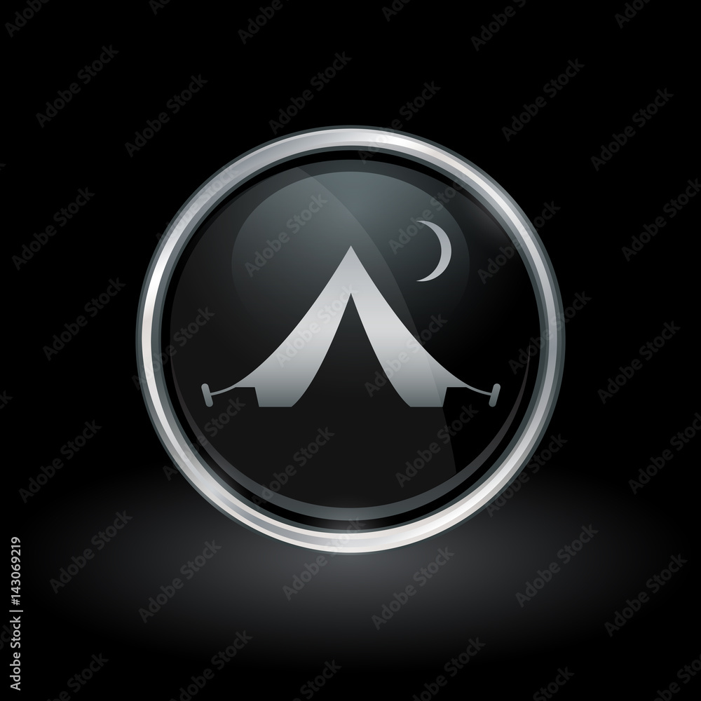 Camping symbol with tent icon inside round chrome silver and black button emblem on black background. Vector illustration. Camping symbol with tent icon inside round chrome silver and black button emblem on black background. Vector illustration.