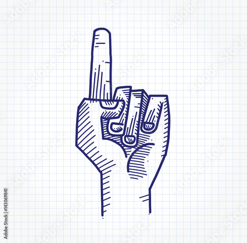Hand drawing of a hand closing pointing upwards on graph paper