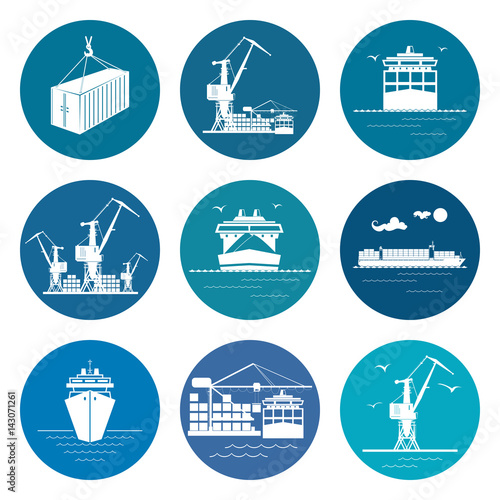 Ocean Freight Transportation Services, Set of Marine Freight Transportation Icons,Vector Illustration