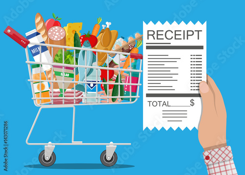 Shopping cart with food and drinks, receipt