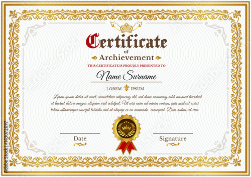 Vector certificate template on awarding, design of certificate with golden vintage ornament on the contour and badge
