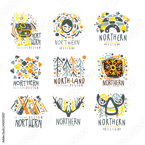 Nothern, nothern land set for label design. Nothern travel, sport, holiday, adventure vector Illustrations