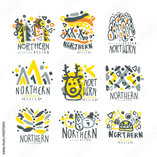 Nothern set for label design. Winter vacations, sports, active lifestyle, hunting colorful vector Illustrations