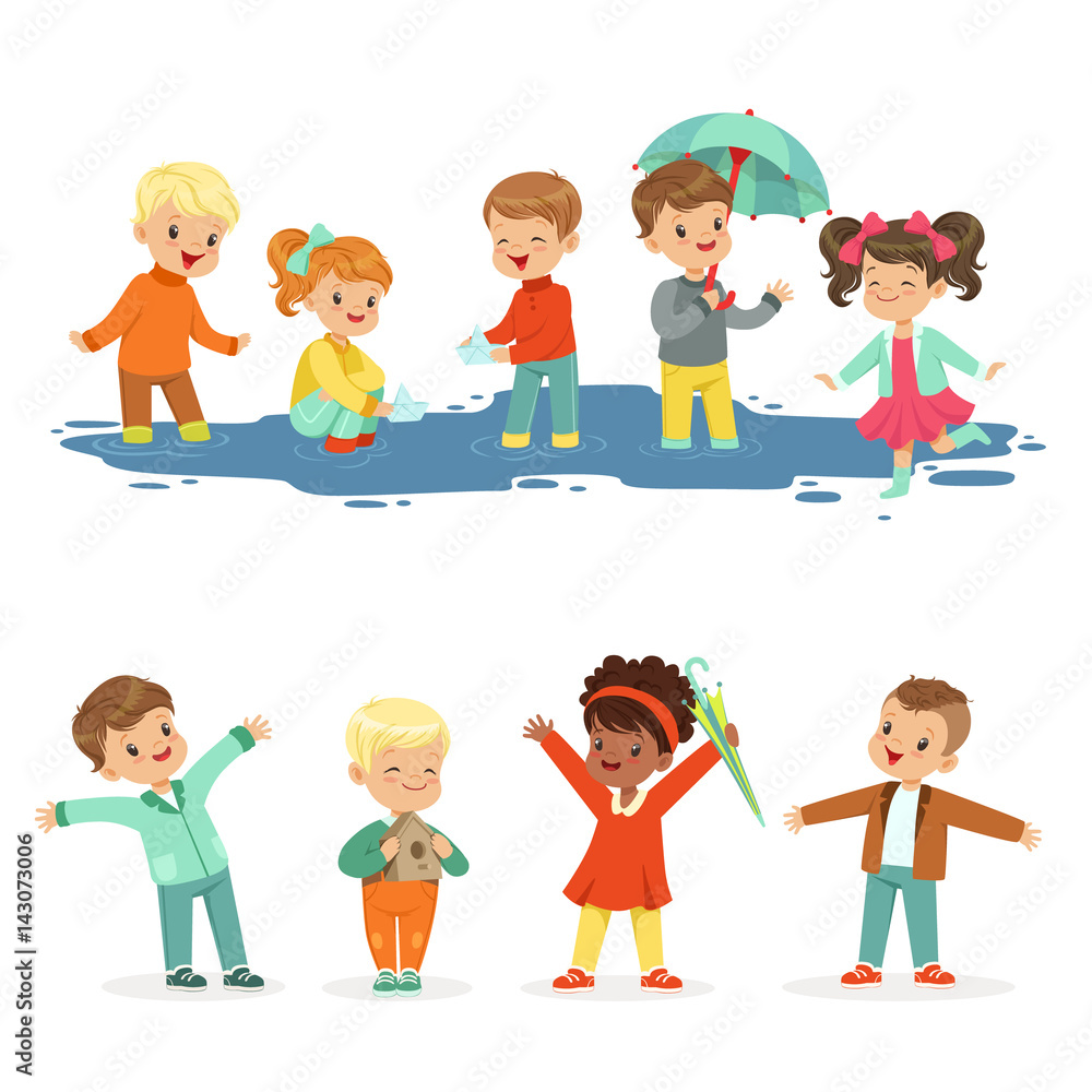 Smiling little kids playing on puddles, set for label design. Active leisure for children. Cartoon detailed colorful Illustrations Smiling little kids playing on puddles, set for label design. Active leisure for children. Cartoon detailed colorful Illustrations