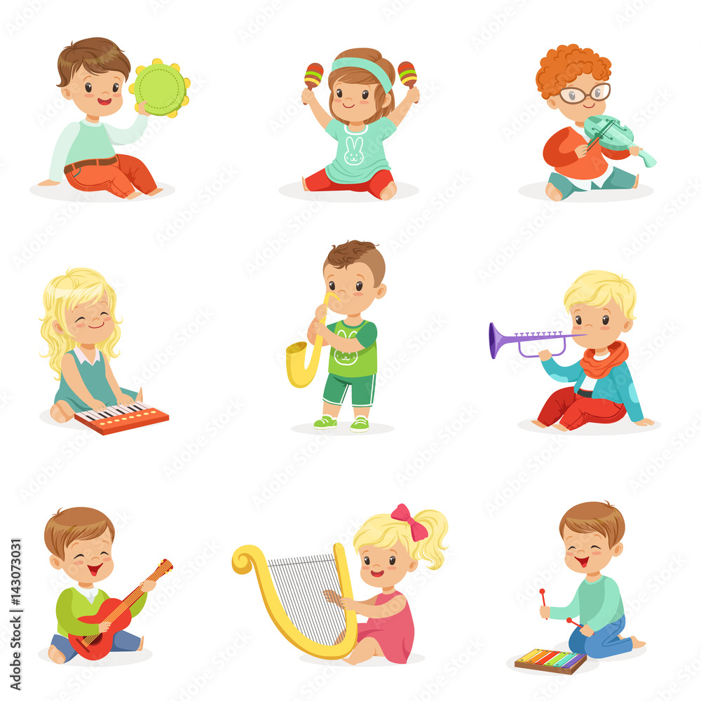Little kids sitting and playing musical instrument, set for label design . Cartoon detailed colorful Illustrations